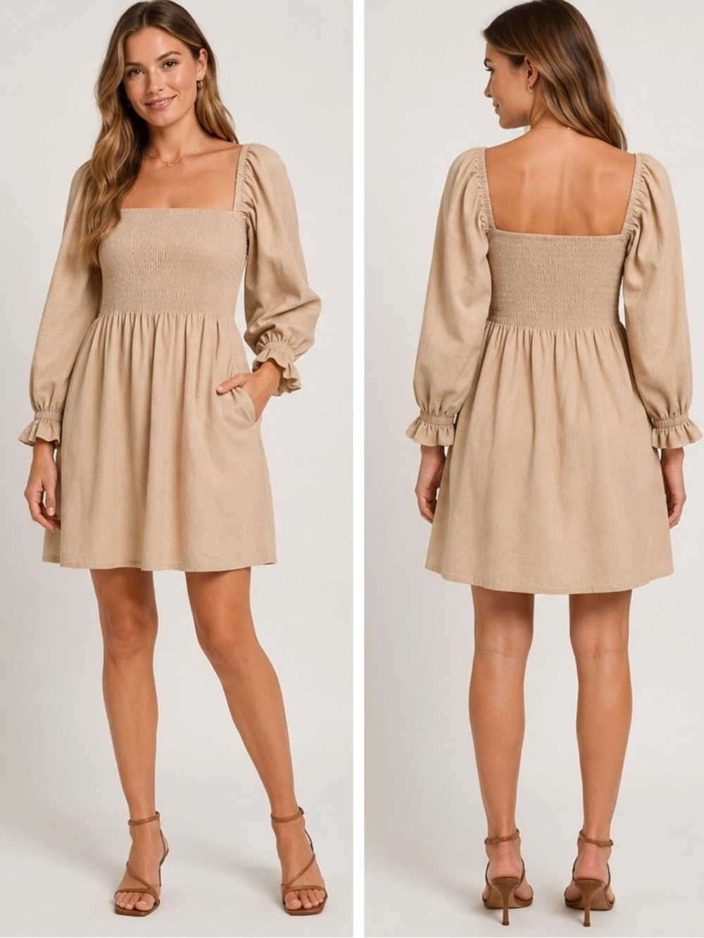 Kourt Portia Mini Dress Sand XS Smocked Linen Blend Puff Sleeve